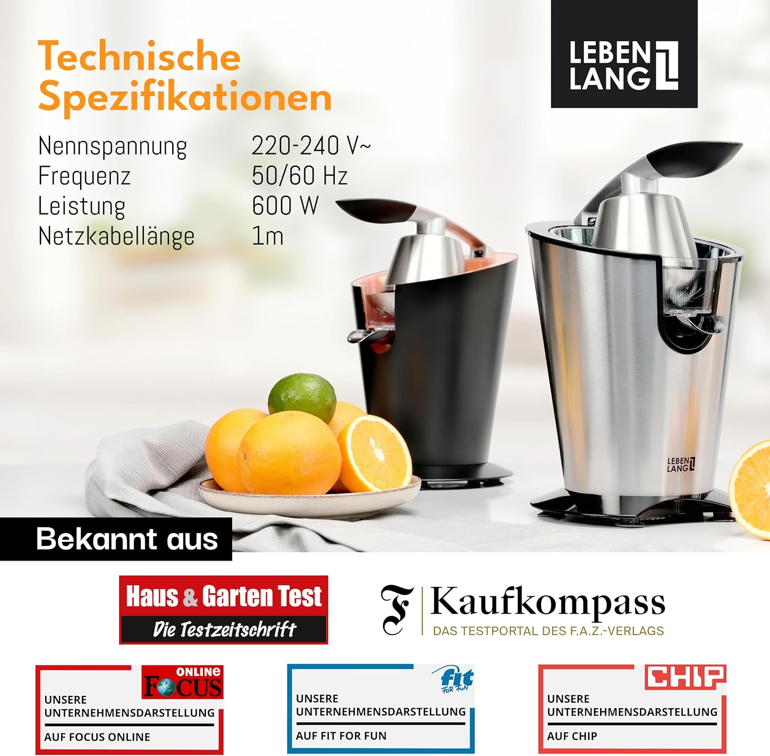 LEBENLANG Spremiagrumi elettrico 600W - Incl. cono in acciaio inox & senza BPA I Alta resa I Spremiagrumi Spremiagrumi Elettrico Spremi Limoni Spremi Melograno I Spremiagrumi Arance Spremi Limoni