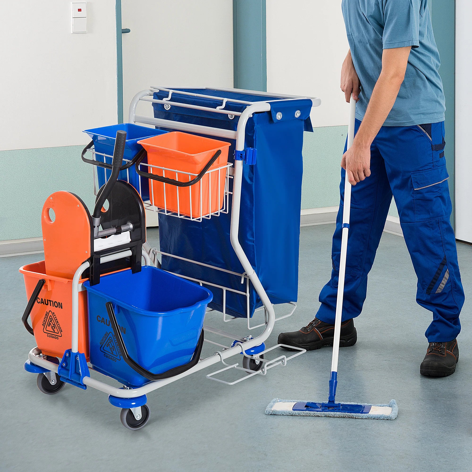 HOMCOM Reinigungswagen Putzwagen 4 Eimer Mopp-Presse Abfallsack