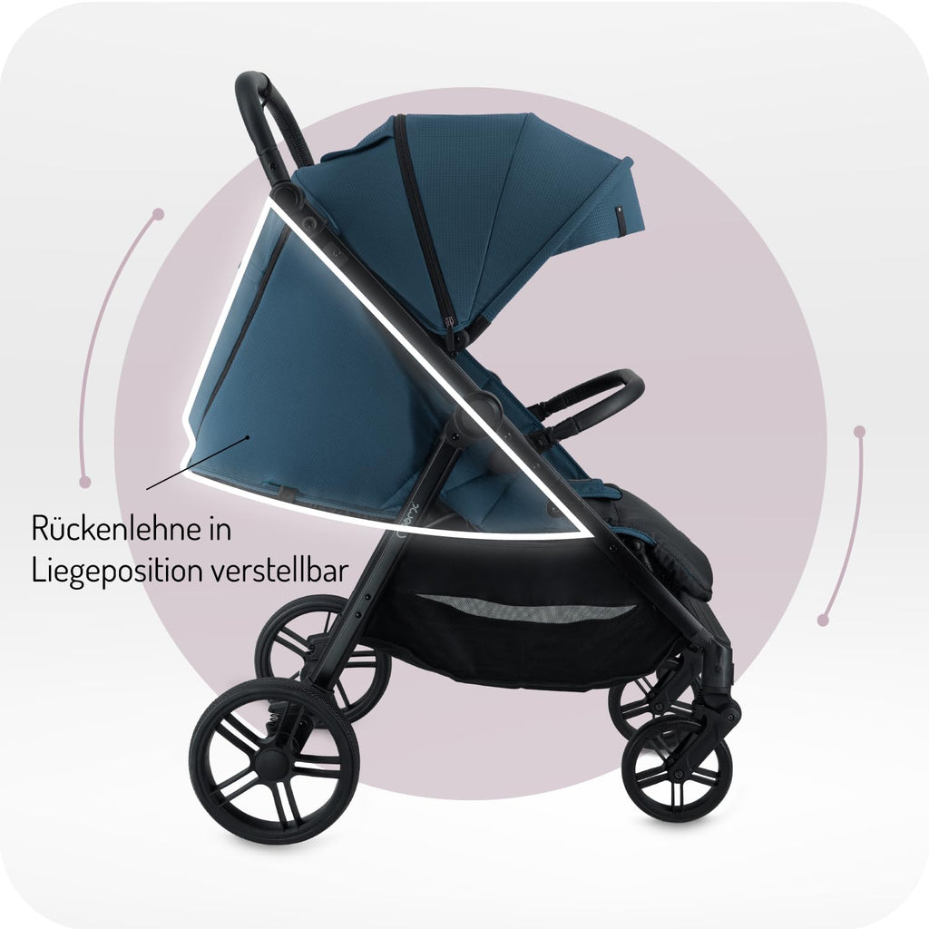 MoMi Passeggino CLARA, Passeggino dai 6 mesi in su, fino a 22 kg di peso corporeo, cintura di sicurezza a 5 punti, sacco coprigambe, portabicchieri, cestino della spesa, borsa per il cambio, zanzariera e parapioggia