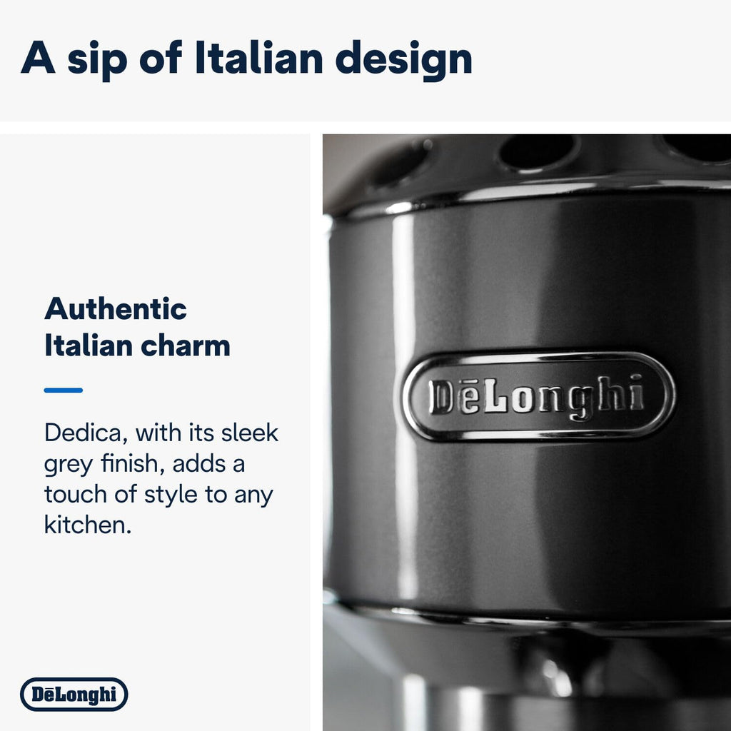 De'Longhi Dedica Style EC 685.M – Macchina da caffè espresso con portafiltro, con montalatte professionale, larga solo 15 cm, per caffè in polvere o cialde ESE, serbatoio dell'acqua da 1 l, argento