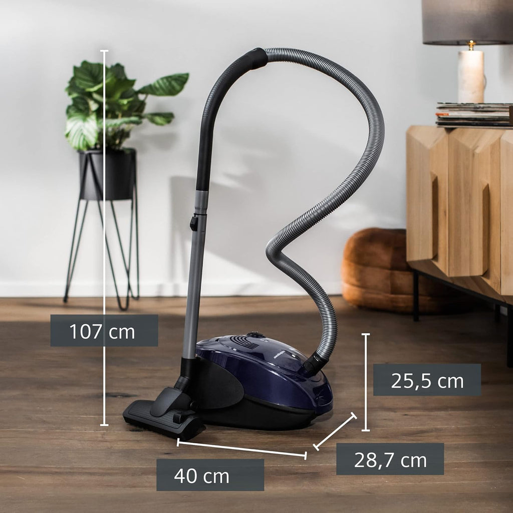 Siemens synchropower VS06A111 Aspirapolvere con sacchetto, aspirapolvere a traino, filtro igienico, spazzola per pavimenti duri e tappeti, elevata potenza di aspirazione, cavo lungo, bocchetta a lancia, 600 W, blu