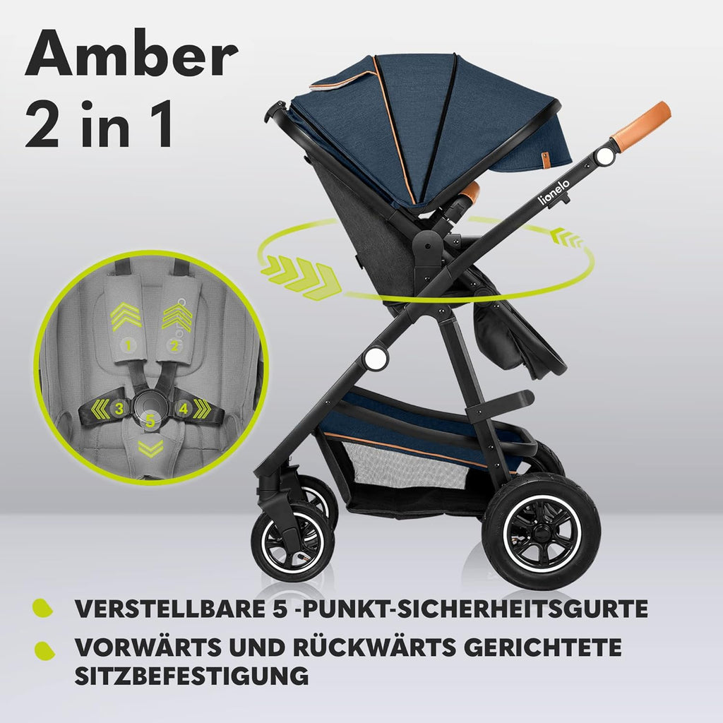 LIONELO Amber Kinderwagen 2 in 1 Kombikinderwagen, Kinderwagen Set mit sportlichen Sitz und fester Babywanne, Tasche, Moskitonetz, Abdeckung Regenblatt (Graphit)