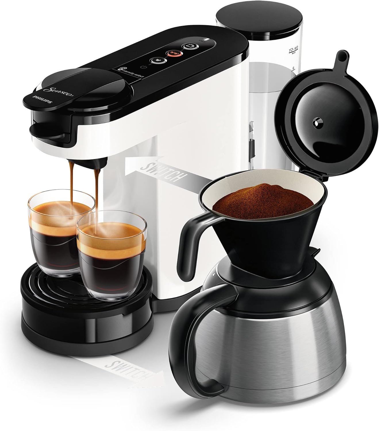 Philips Senseo Switch Pad- und Filterkaffeemaschine, 2-in-1-Brühtechnologie, 1-Liter-Wasserbehälter, 7 Tassen in einem Durchgang, Weiß (HD6592/04)