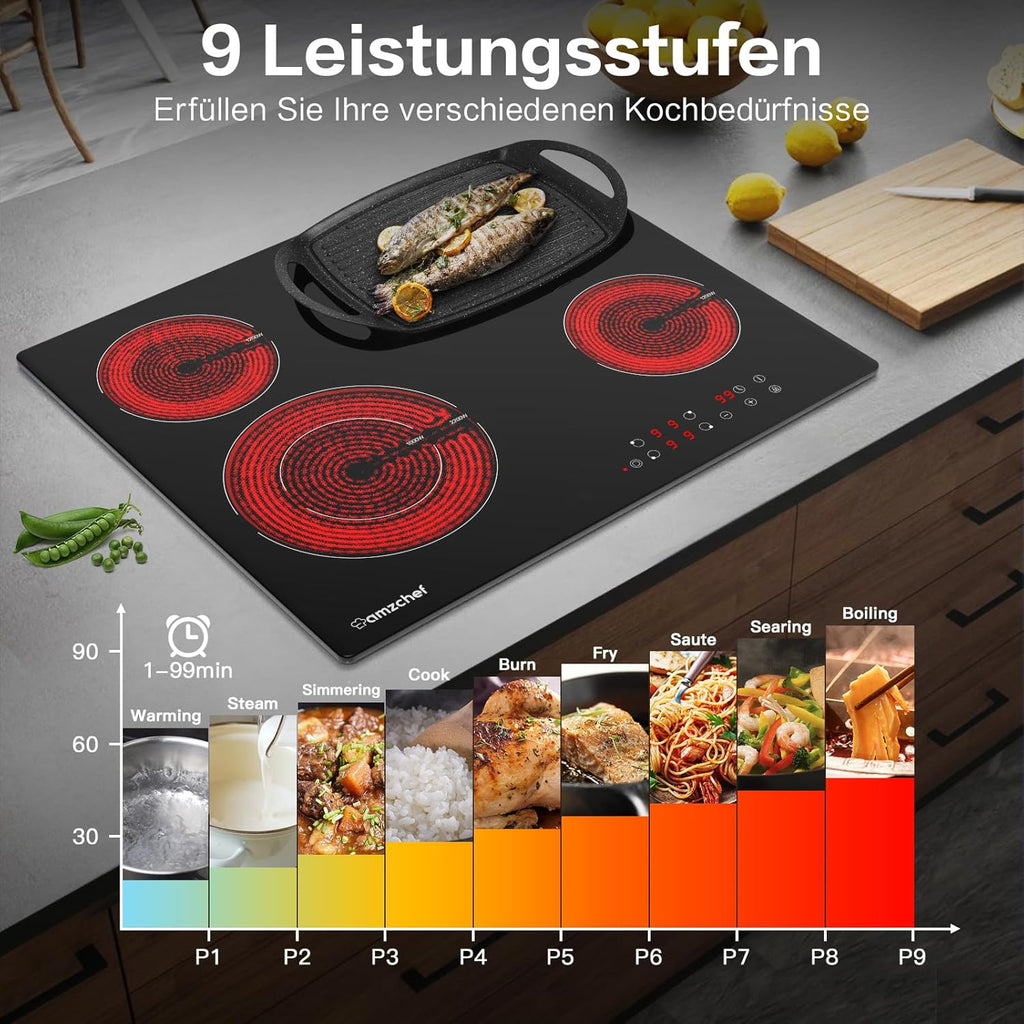 AMZCHEF Induktionskochfeld 60cm mit Zwei Flexzonen, 4 Zonen Induktionskochplatte mit Boost-Funktion und 9 Leistungsstufen, Touch-Bedienung, Timer, Sicherheitsschloss, Überhitzungsschutz, BBQ, 7200W
