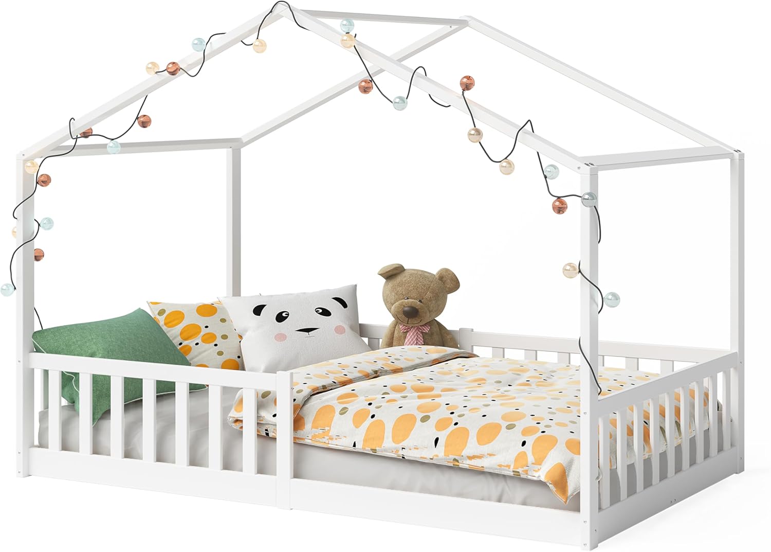 Bellabino Lettino per bambini Bia 140x200 cm, letto a capanna per bambini con protezione anticaduta e rete a doghe arrotolabile, letto a terra Montessori bianco in legno massello di pino