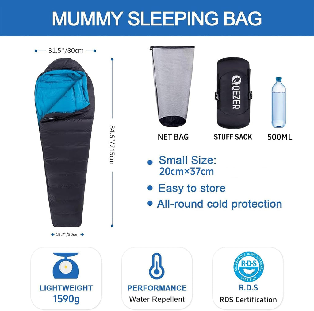 QEZER Daunenschlafsack Warmer Winter Schlafsack Outdoor -8°C bis -23°C 4 Jahreszeiten Mumienschlafsack für Erwachsener und Jugendliche Camping Outdoor und Indoor