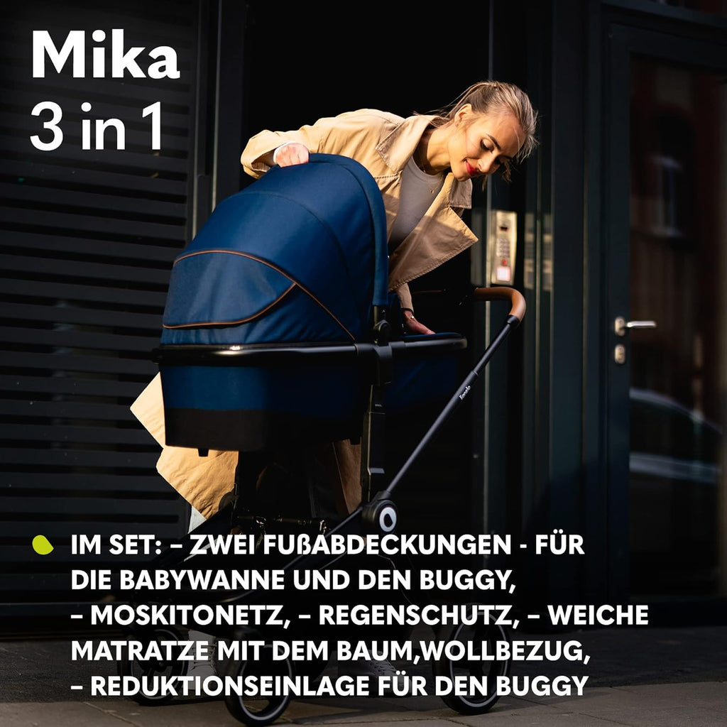 Passeggino LIONELO MIKA PLUS 3-in-1, da 0 a 48 mesi, fino a 22 kg, navicella fino a 9 kg, seggiolino auto fino a 13 kg, schienale regolabile, ammortizzazione, ruote a 360°, cappottina XXL