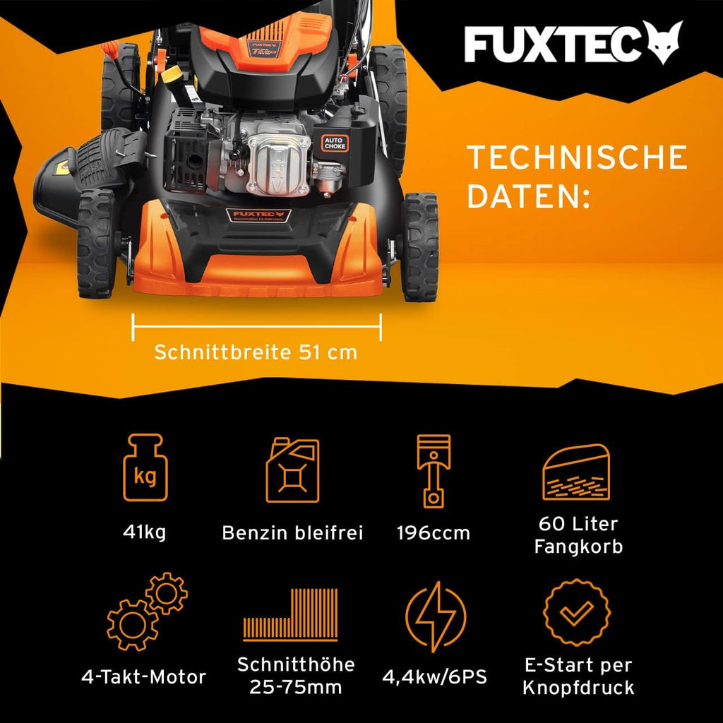 FUXTEC Tosaerba a Benzina 4in1 FX-RM5196eSPRO con Avviamento Elettrico e Trazione Regolabile, Rasaerba con Paraurti Anteriore, Larghezza di Taglio 51 cm, Ruote Big Wheel con Cuscinetti a Sfera, Cesto Raccoglierba da 60L