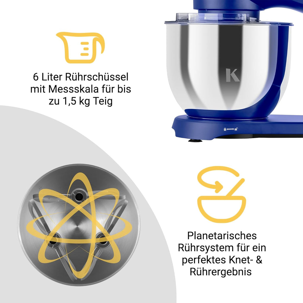 Impastatrice Planetaria KLAMER 1800W, con Ciotola in Acciaio Inossidabile da 6 Litri, 10 Velocità con Timer, Frusta a Filo, Gancio Impastatore, Frusta Piatta e Paraspruzzi