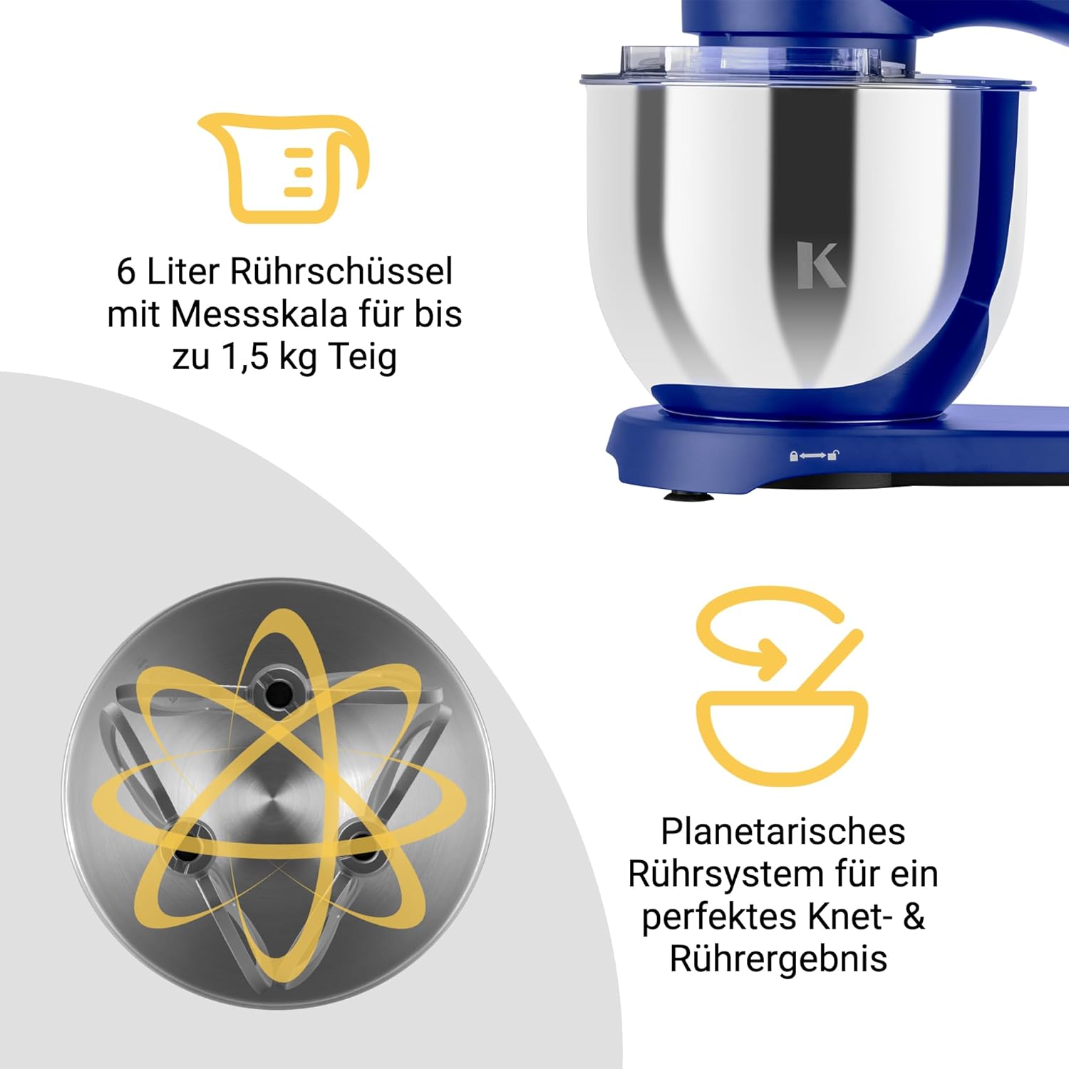 Impastatrice Planetaria KLAMER 1800W, con Ciotola in Acciaio Inossidabile da 6 Litri, 10 Velocità con Timer, Frusta a Filo, Gancio Impastatore, Frusta Piatta e Paraspruzzi
