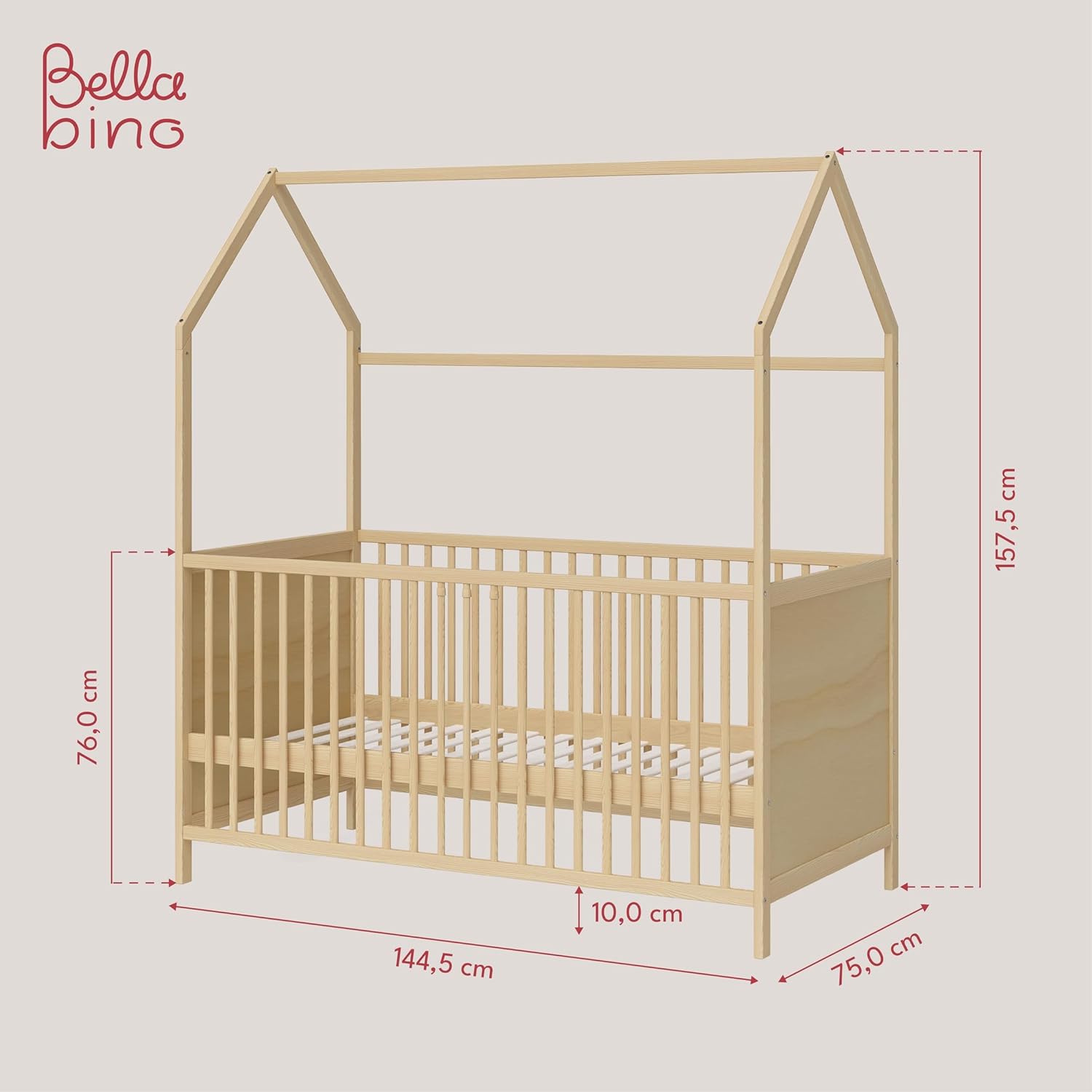 Bellabino Nika Lettino a capanna 70 x 140 cm, letto con sbarre e lettino a capanna per bambini e neonati in pino massiccio bianco, regolabile in altezza su 3 posizioni, incl. rete a doghe