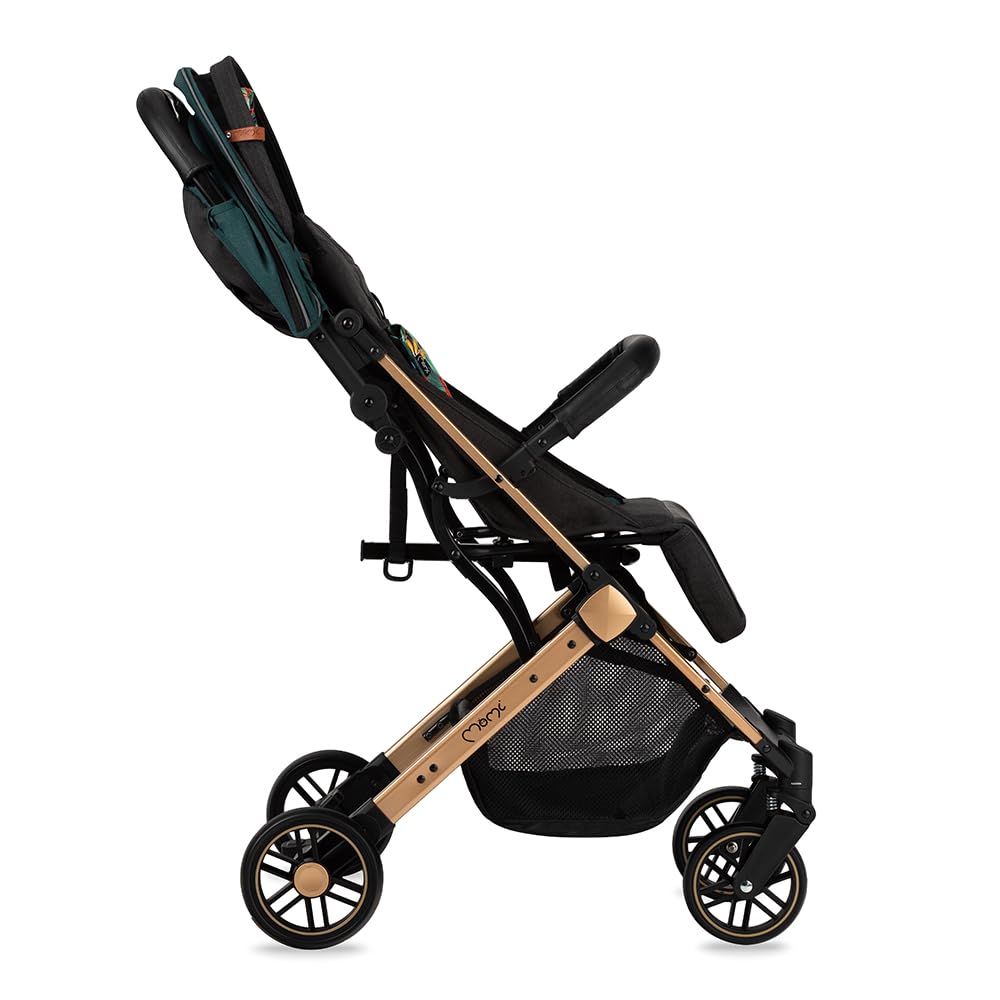 MOMI ESTELLE Kinderwagen für Kinder ab 6 Monat bis zu max körpergewicht von 15 kg, klappbar auf die Maße 65 x 51 x 21 cm, gewicht 7,5 kg, 5-Punkt-Sicherheitsgurt, koffer, grau-gold, Räder 6''/6,5''