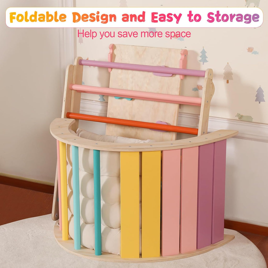 Set di triangoli con cuscino, set da arrampicata Montessori 5 in 1 pieghevole, set da gioco per interni per bambini piccoli, giocattolo da arrampicata in legno con rampa e arco da arrampicata per bambini (colore legno)