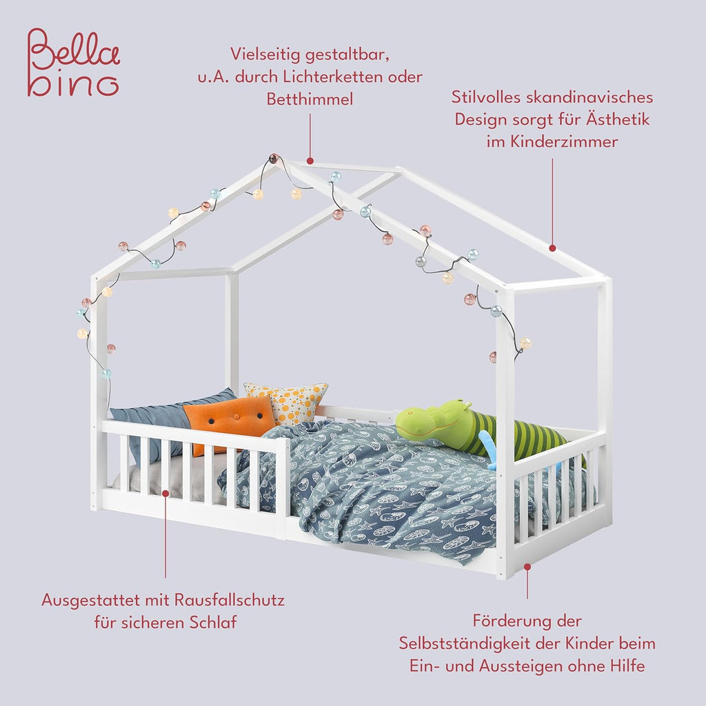 Bellabino Lettino per bambini Bia 140x200 cm, letto a capanna per bambini con protezione anticaduta e rete a doghe arrotolabile, letto a terra Montessori bianco in legno massello di pino