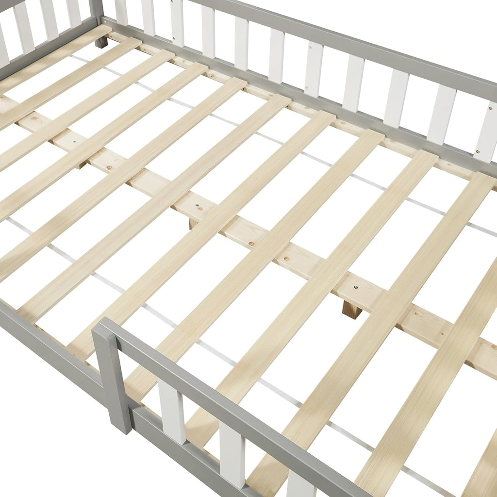 [en.casa] Letto per bambini Sisimiut a capanna 80 x 160 cm con protezione anticaduta letto in legno per bambini letto a terra rete a doghe in legno di pino Bianco opaco