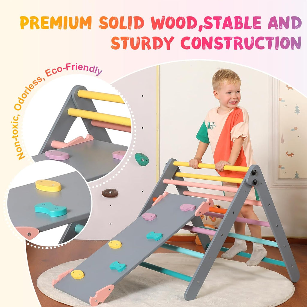 Set di triangoli con cuscino, set da arrampicata Montessori 5 in 1 pieghevole, set da gioco per interni per bambini piccoli, giocattolo da arrampicata in legno con rampa e arco da arrampicata per bambini (colore legno)