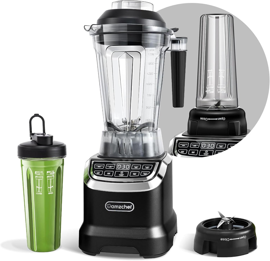 AMZCHEF Frullatore Professionale 2 IN1 con Contenitori da 1850 ml e 600 ml per Due Modalità di Frullatura | Frullatore da Tavolo 2000 Watt con 6 Lame Professionali e 22000 Giri/Min - Grigio Opaco