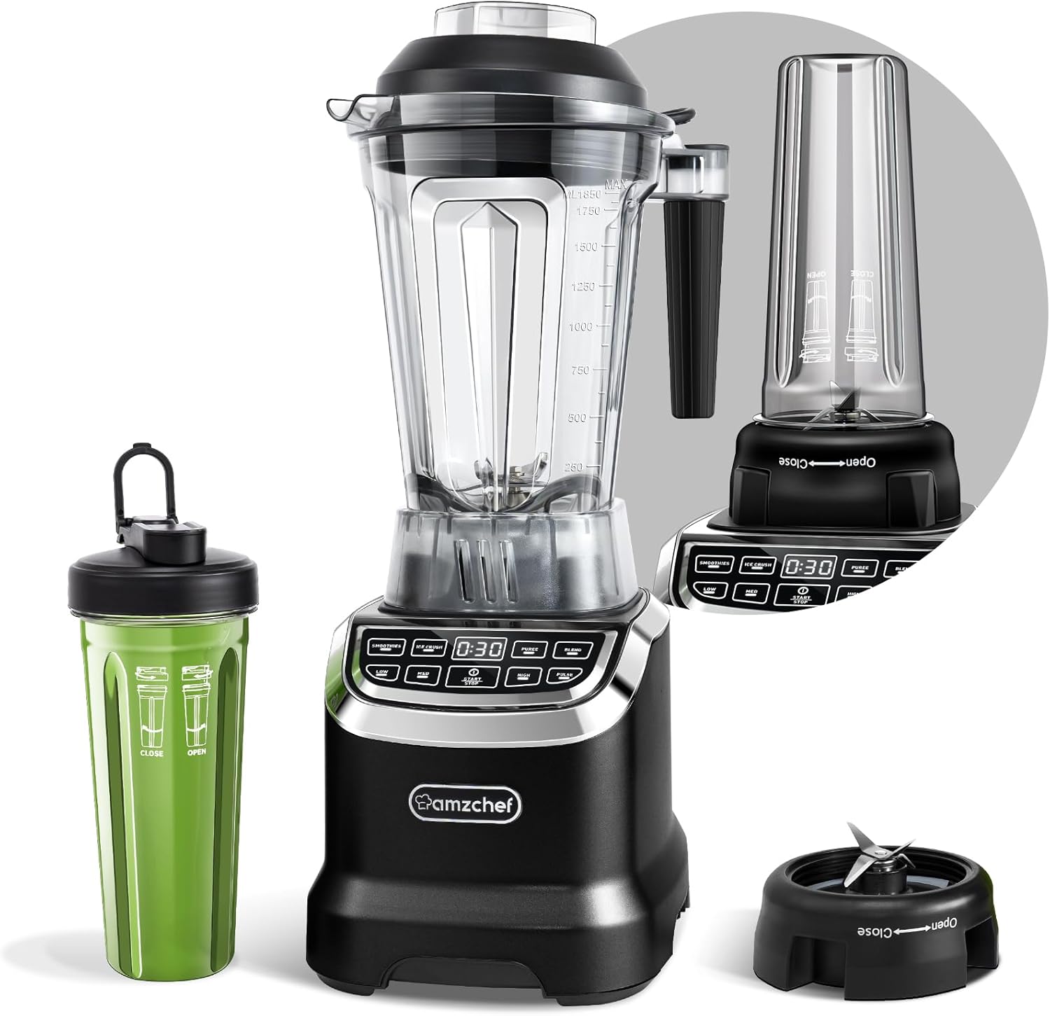 AMZCHEF Frullatore Professionale 2 IN1 con Contenitori da 1850 ml e 600 ml per Due Modalità di Frullatura | Frullatore da Tavolo 2000 Watt con 6 Lame Professionali e 22000 Giri/Min - Grigio Opaco