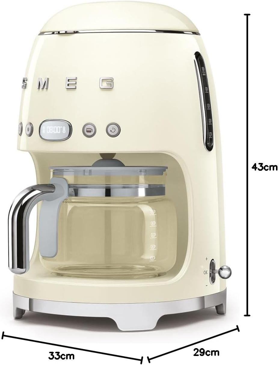 Smeg, DCF02BLMEU, Macchina da caffè con filtro, Funzione aroma e avvio automatico, Caraffa in vetro fino a 12 tazze, 2 livelli di intensità, Funzione di mantenimento del calore, 1050W, Nero opaco
