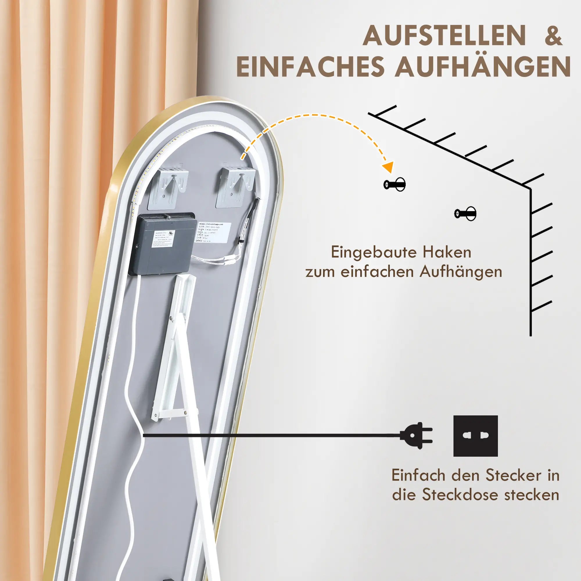 HOMCOM Standspiegel LED Touch dimmbar 3-in-1 Aluminium Gold