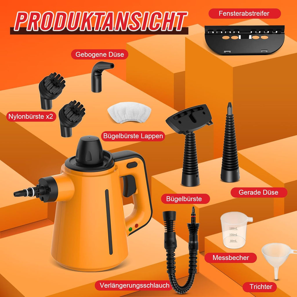 Pulitore a vapore con 10 accessori, 1050W Pulitore a vapore portatile per tutti i punti difficili da raggiungere come lavandini, WC, Pulitore a vapore multifunzionale per la casa e i pavimenti