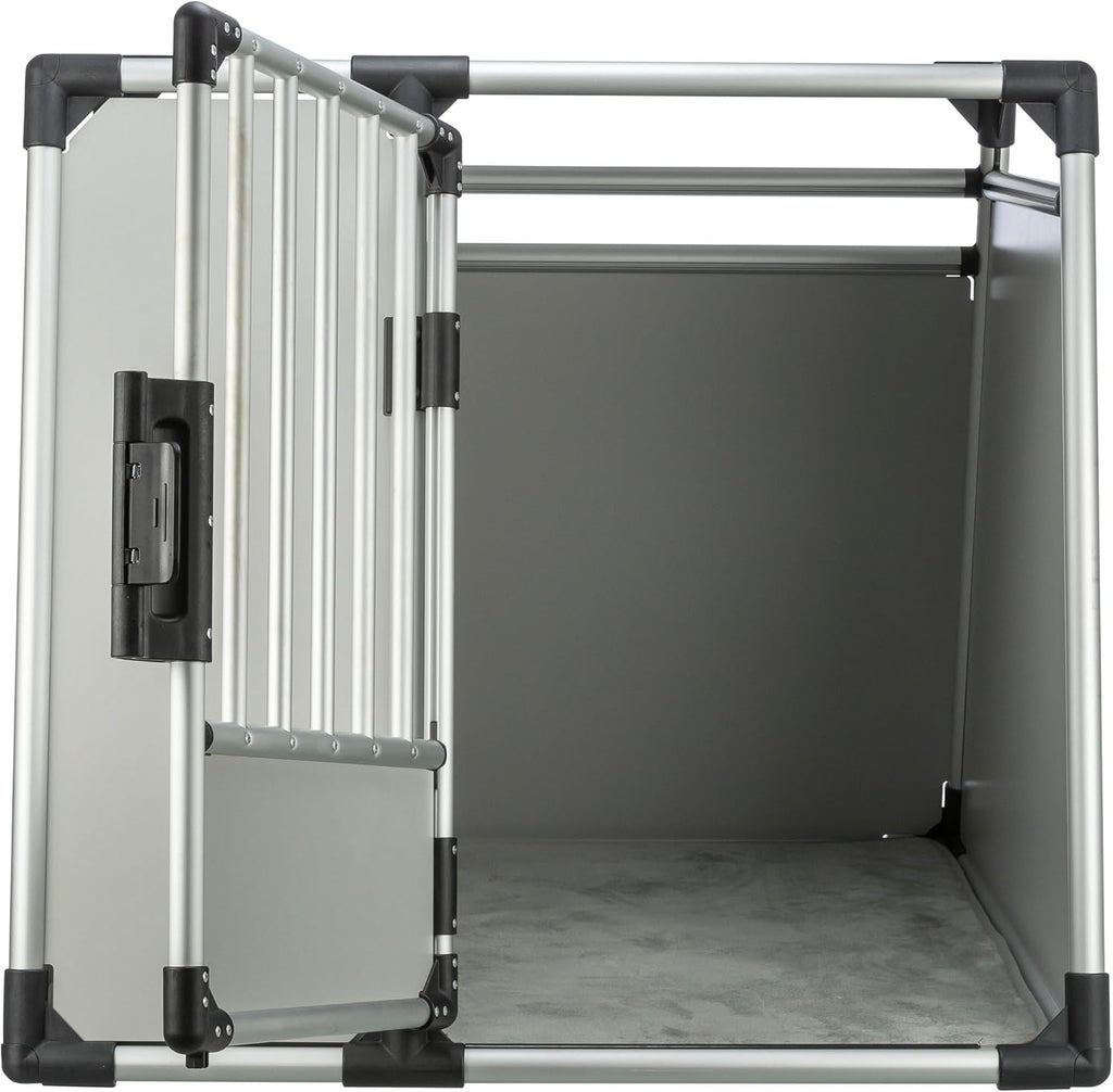 TRIXIE Hunde-Transportbox Aluminium in silber – M: 55 × 62 × 73 cm, stabile und geräuscharme Hundebox mit abgeschrägten Seiten, Sicherheitsverschluss & rutschfester Liegematte – 39342