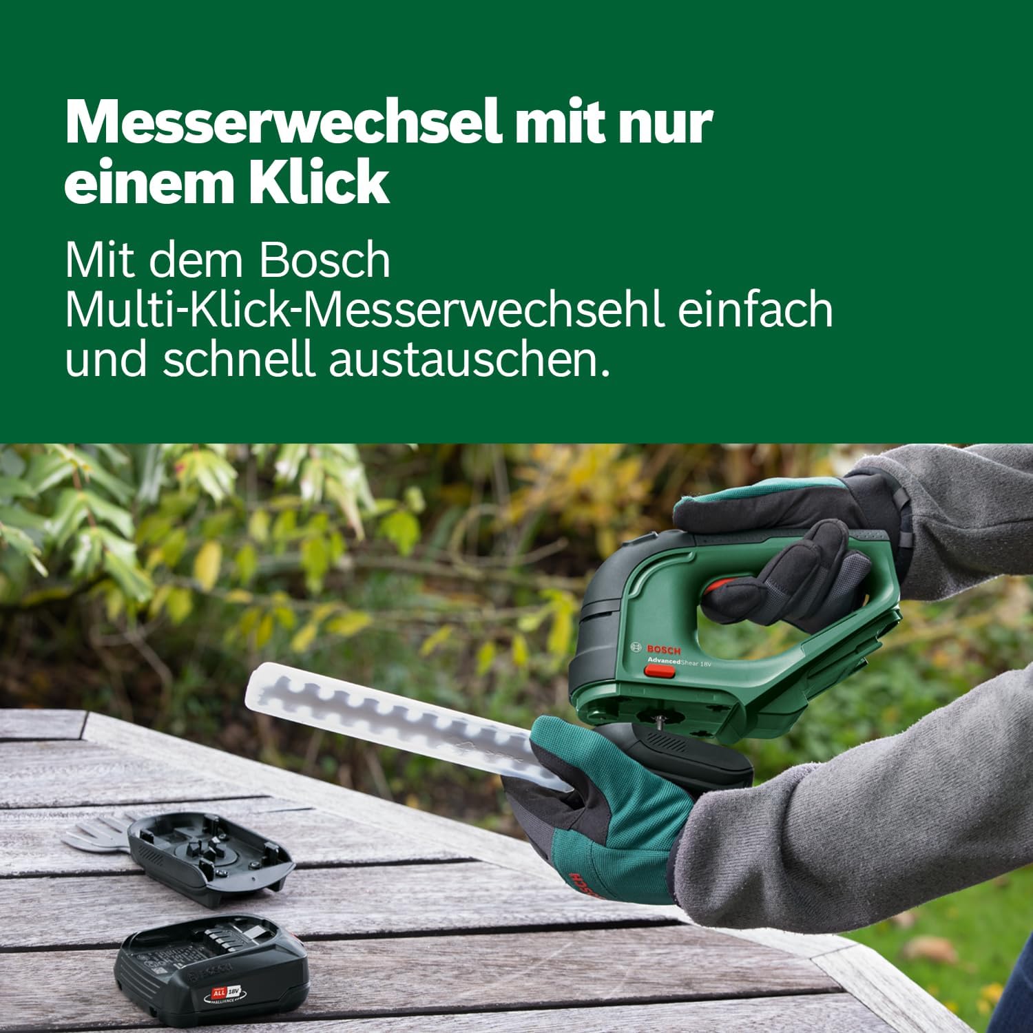 Bosch Akku Grasschere AdvancedShear 18V-10 (1 Akku 2,0 Ah, 18-Volt-System, schneidet bis zu 85 m pro Akkuladung, mit Strauch- und Grasscherenmesser, im Karton)