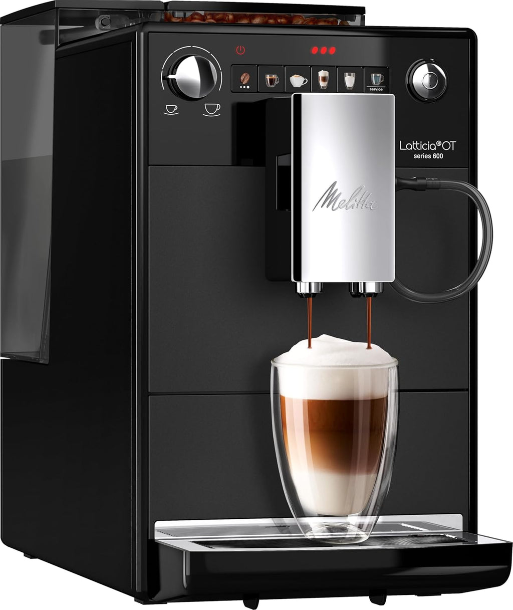 Melitta Latticia OT - Macchina da caffè automatica con sistema latte, Macchina da caffè con macinino per caffè o cappuccino, ad esempio, argento/nero