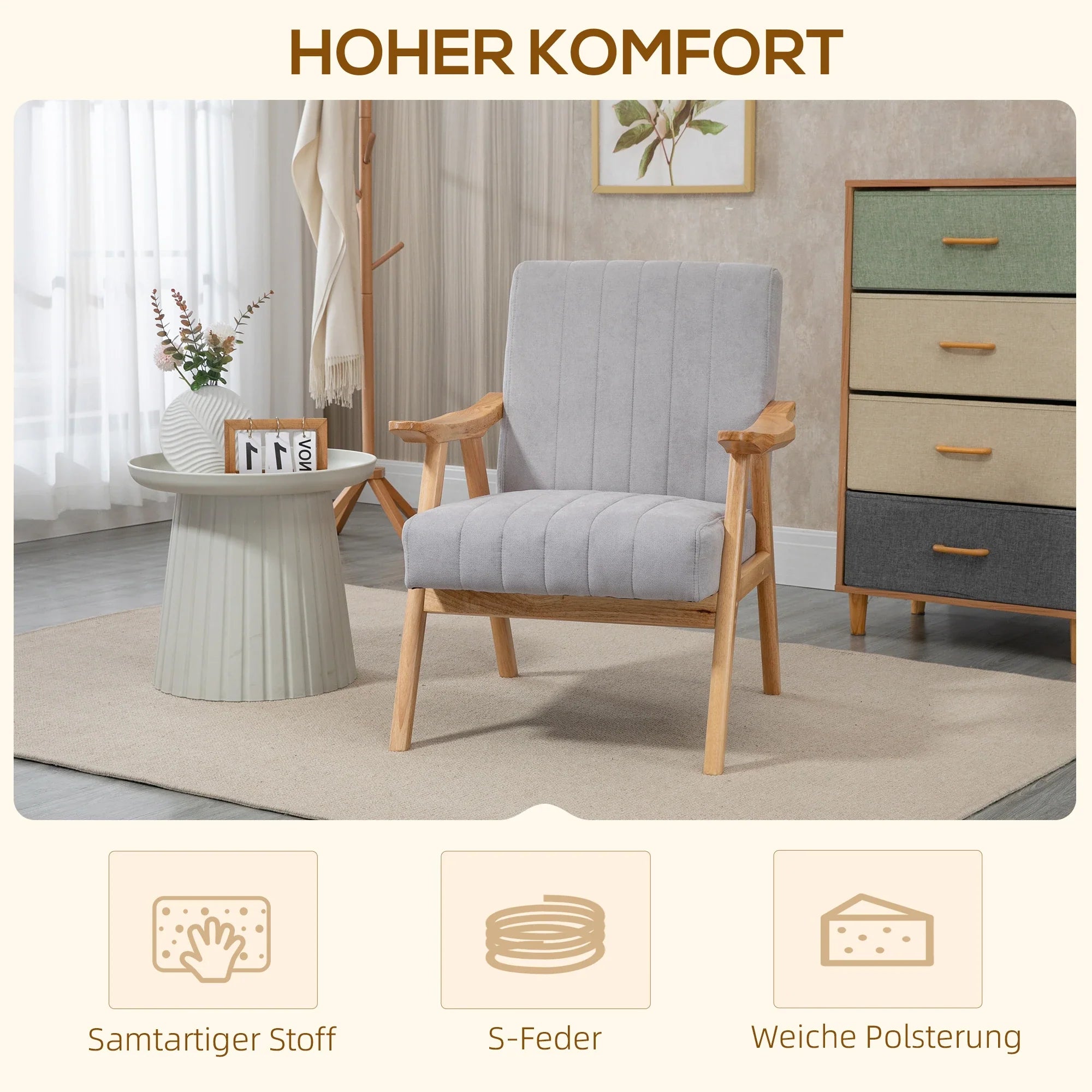 HOMCOM Sedia Imbottita Design Scandi extra confortevole Velluto Grigio Chiaro
