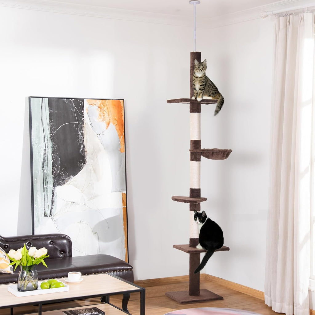 PawHut Katzenbaum mit Laufrad 4-Stock Kratzbaum Katzenhaus mit Sisalsäulen Katzenhöhle Kiefernholz Natur 80 x 50 x 143 cm