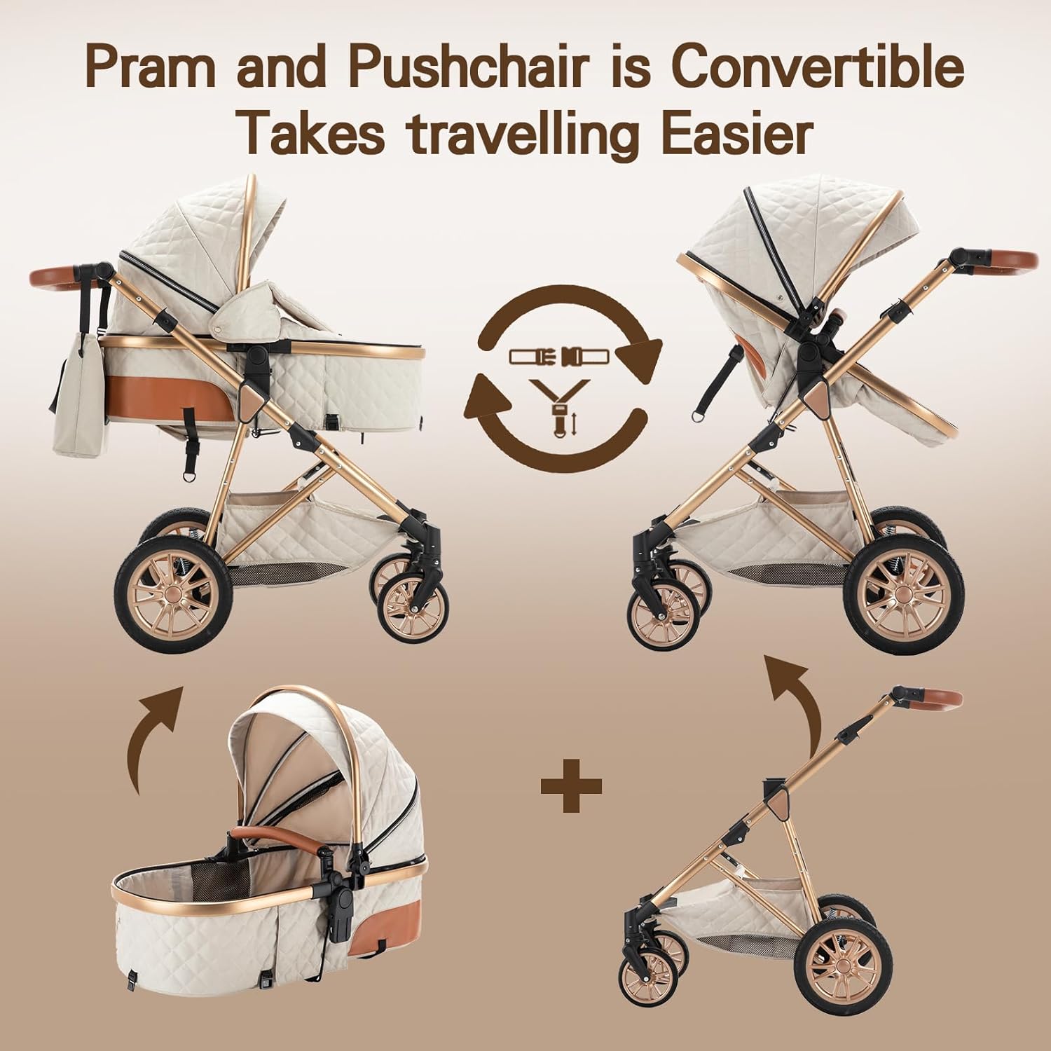 Gcarebb Passeggino 3 in 1, Buggy con Ovetto, Set Completo Passeggino Regolabile in Altezza, Passeggino Combinato con Telaio in Alluminio per Neonati 0-4 Anni