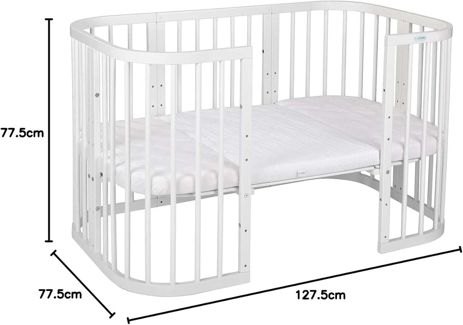 Waldin Lettino per bambini in legno 7in1 con materasso, Letto "Cresci con me", Ventilato, Base regolabile in 5 altezze, Set All-Inclusive, Legno Bianco