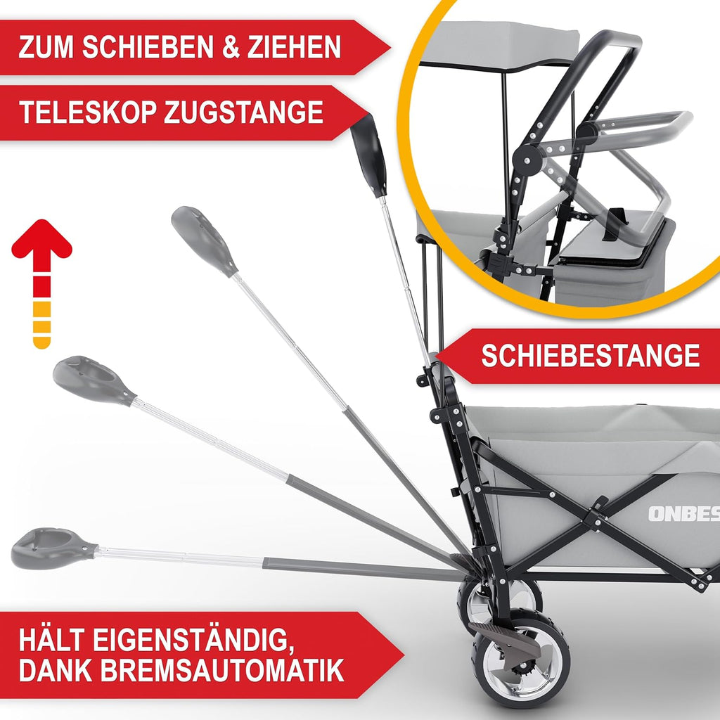 ONBEST Carretto Pieghevole - Con Parapioggia - Carrello Pieghevole con Tetto 100 kg di Carico - Tetto Parasole - Borsa Termica - Portabicchieri - Outdoor - Carrello da Spiaggia Pieghevole (Nero)