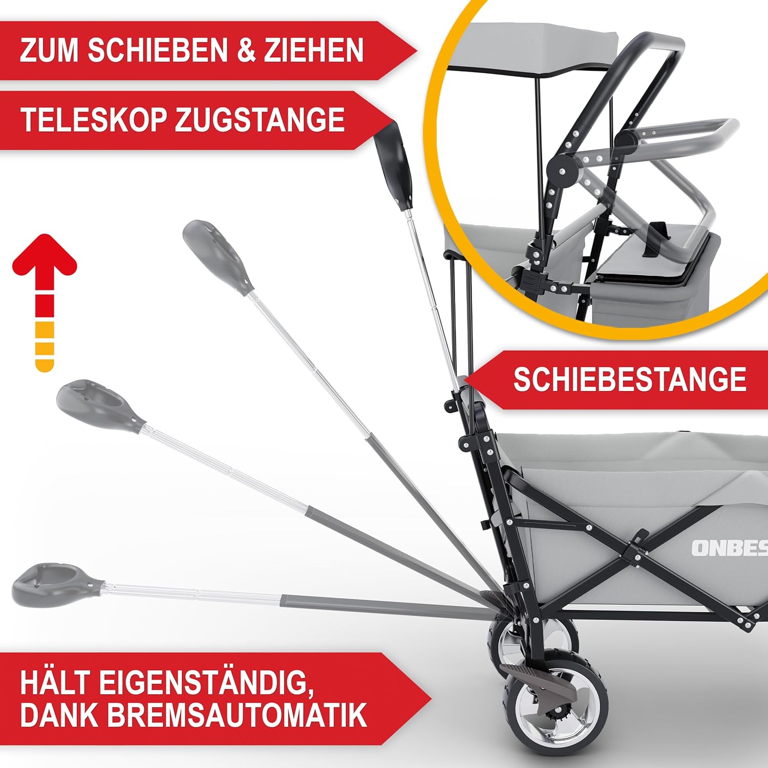 ONBEST Carretto Pieghevole - Con Parapioggia - Carrello Pieghevole con Tetto 100 kg di Carico - Tetto Parasole - Borsa Termica - Portabicchieri - Outdoor - Carrello da Spiaggia Pieghevole (Nero)