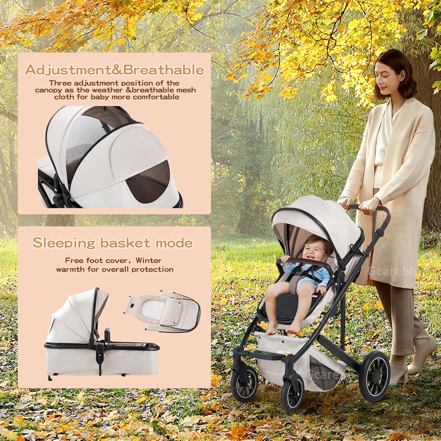 Gcarebb Passeggino 3 in 1, Buggy con Ovetto, Set Completo Passeggino Regolabile in Altezza, Passeggino Combinato con Telaio in Alluminio per Neonati 0-4 Anni
