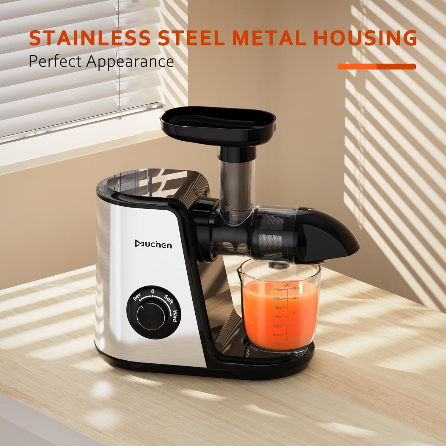 Muchen Slow Juicer Spremiagrumi Estrattore Frutta e Verdura, Vincitore del Test, Motore Silenzioso da 150W, Funzione di Retromarcia, Facile da Pulire, Design in Acciaio Inox Nero e Argento, Inclusivo di Ricettario