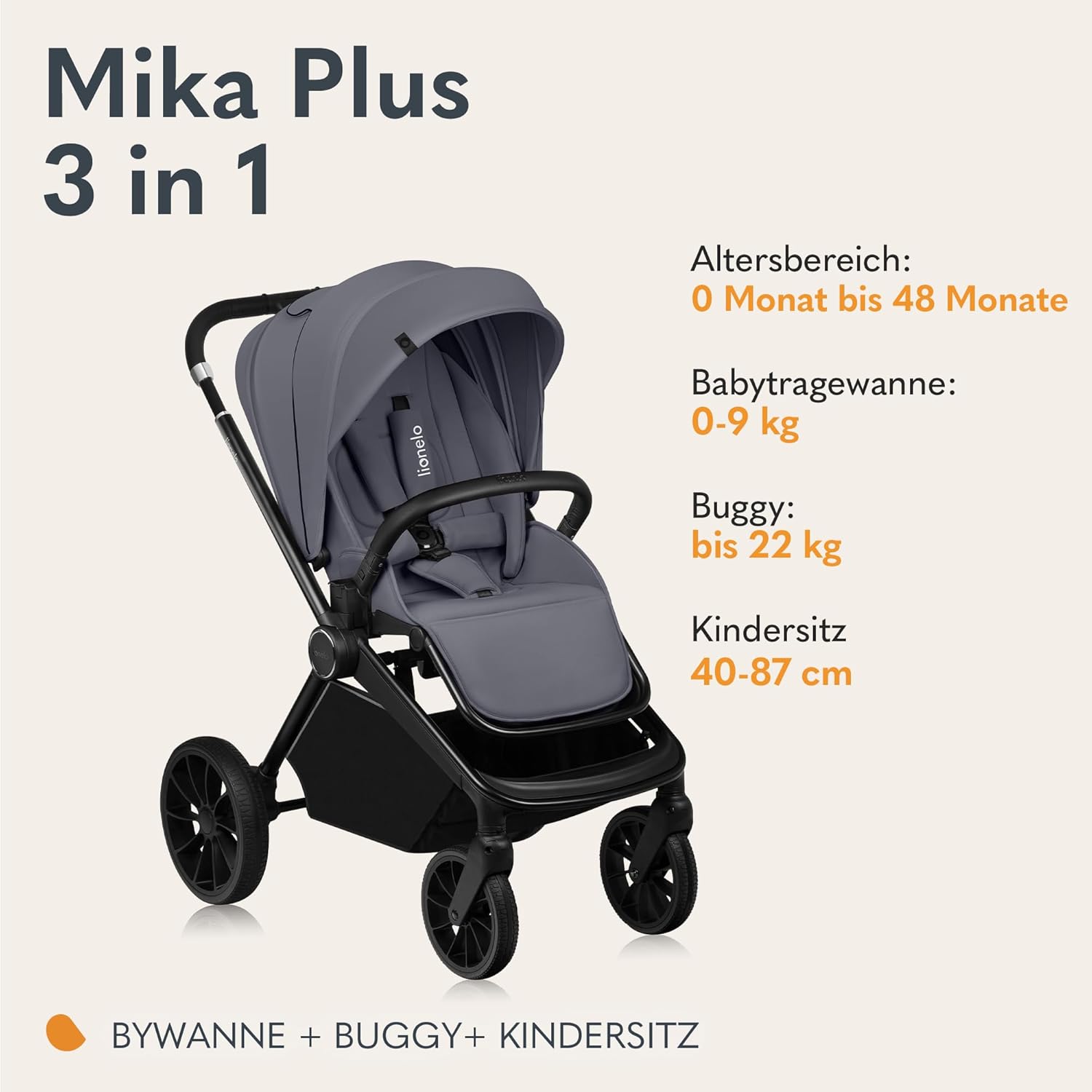 Passeggino LIONELO MIKA PLUS 3-in-1, da 0 a 48 mesi, fino a 22 kg, navicella fino a 9 kg, seggiolino auto fino a 13 kg, schienale regolabile, ammortizzazione, ruote a 360°, cappottina XXL