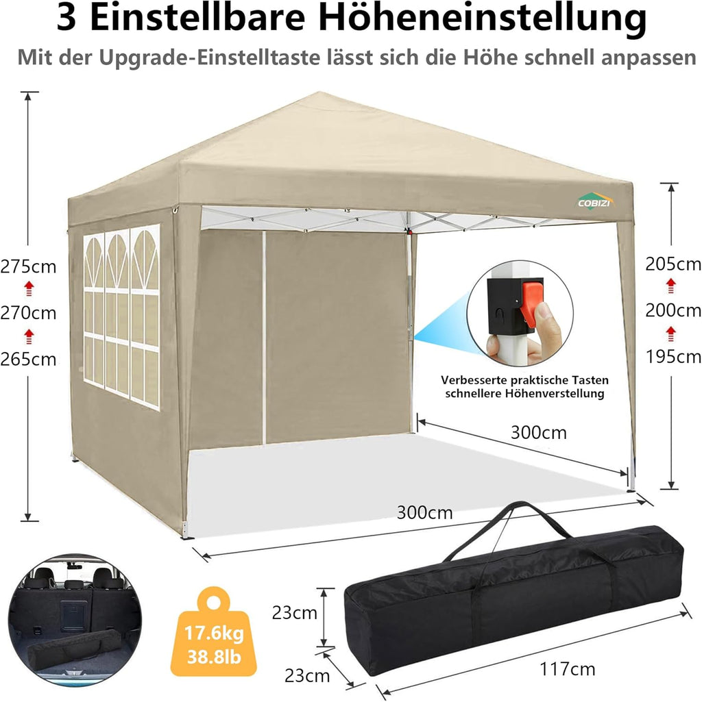 COBIZI Gazebo Pieghevole 3x6 Impermeabile Stabile con 6 Pareti Laterali, Tenda a Padiglione con Tetto a Punta, 3 Altezze Regolabili, Protezione UV, Borsa per Il Trasporto, Picchetti, Corde per Giardino, Matrimoni, Mercati, Eventi all'Aperto