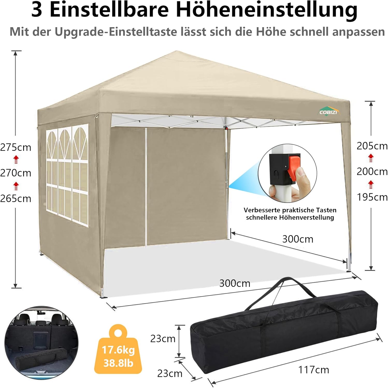 COBIZI Gazebo Pieghevole 3x6 Impermeabile Stabile con 6 Pareti Laterali, Tenda a Padiglione con Tetto a Punta, 3 Altezze Regolabili, Protezione UV, Borsa per Il Trasporto, Picchetti, Corde per Giardino, Matrimoni, Mercati, Eventi all'Aperto