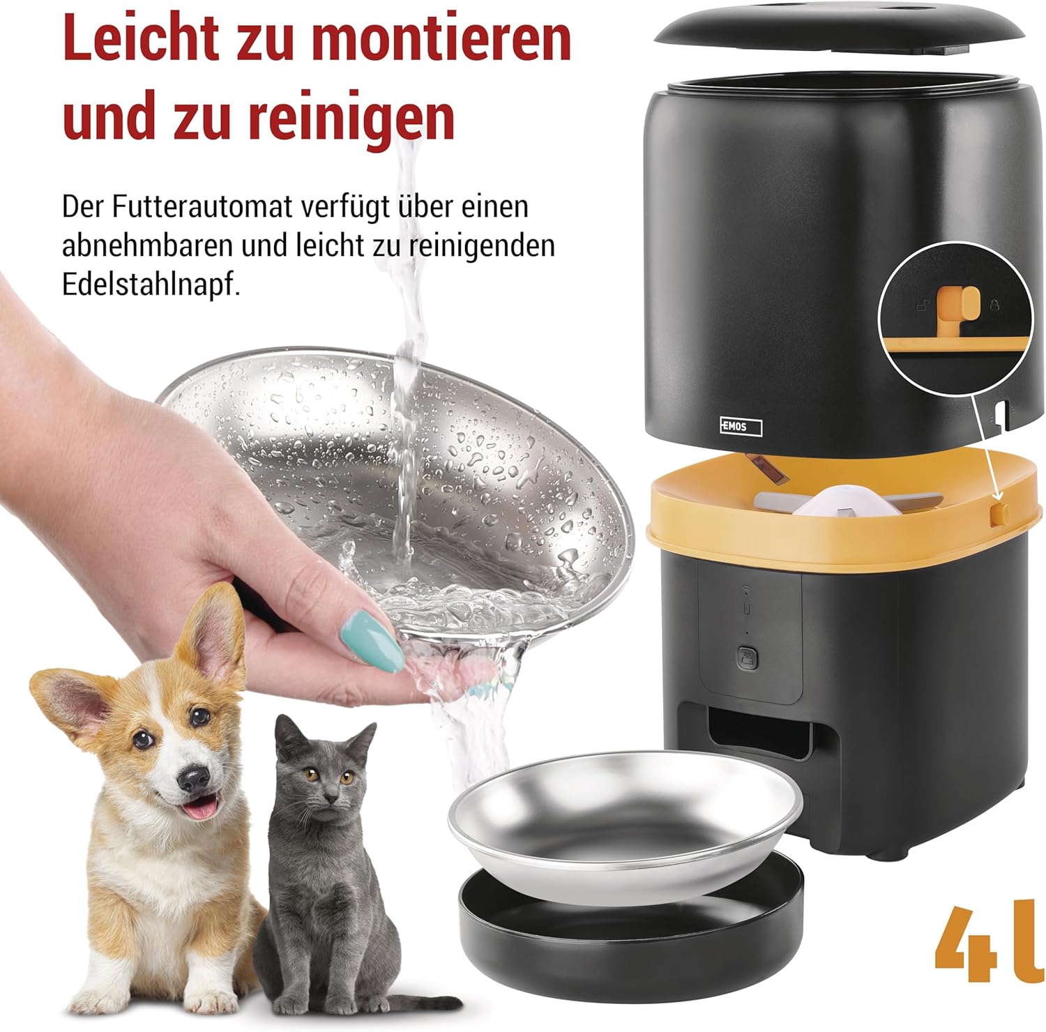 EMOS - GoSmart Futterautomat 6 l mit Kamera - WLAN Pet Care Futterspender mit App - Trockenfutter Automat für Katze & Hund mit Zeitplan, Sprachaufzeichnung, Dosierung 1–12 Mahlzeiten pro Tag - Schwarz