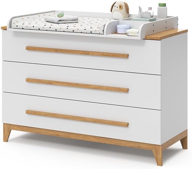 VitaliSpa Fasciatoio Malia, bianco/rovere, 133 x 98 cm XL con 3 cassetti