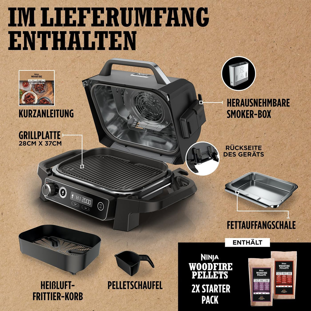 Ninja Woodfire Barbecue Elettrico & Affumicatore & Friggitrice ad Aria, Barbecue da Esterno 7-in-1, Frigge ad Aria, Affumica, Arrostisce, Cuoce al Forno e Altro, Resistente alle Intemperie, Antiaderente, Portatile, Elettrico, Grigio/Nero OG701EU