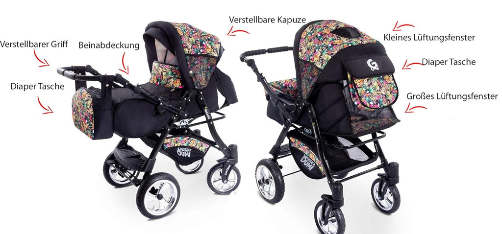 GaGaDumi Urbano Passeggino Combi 3 in 1 con Seggiolino Auto, Set Completo con Navicella, Passeggino, Borsa Fasciatoio, Parapioggia, Zanzariera, Pneumatici in Gomma Piena, Grigio/Motivo Gufo