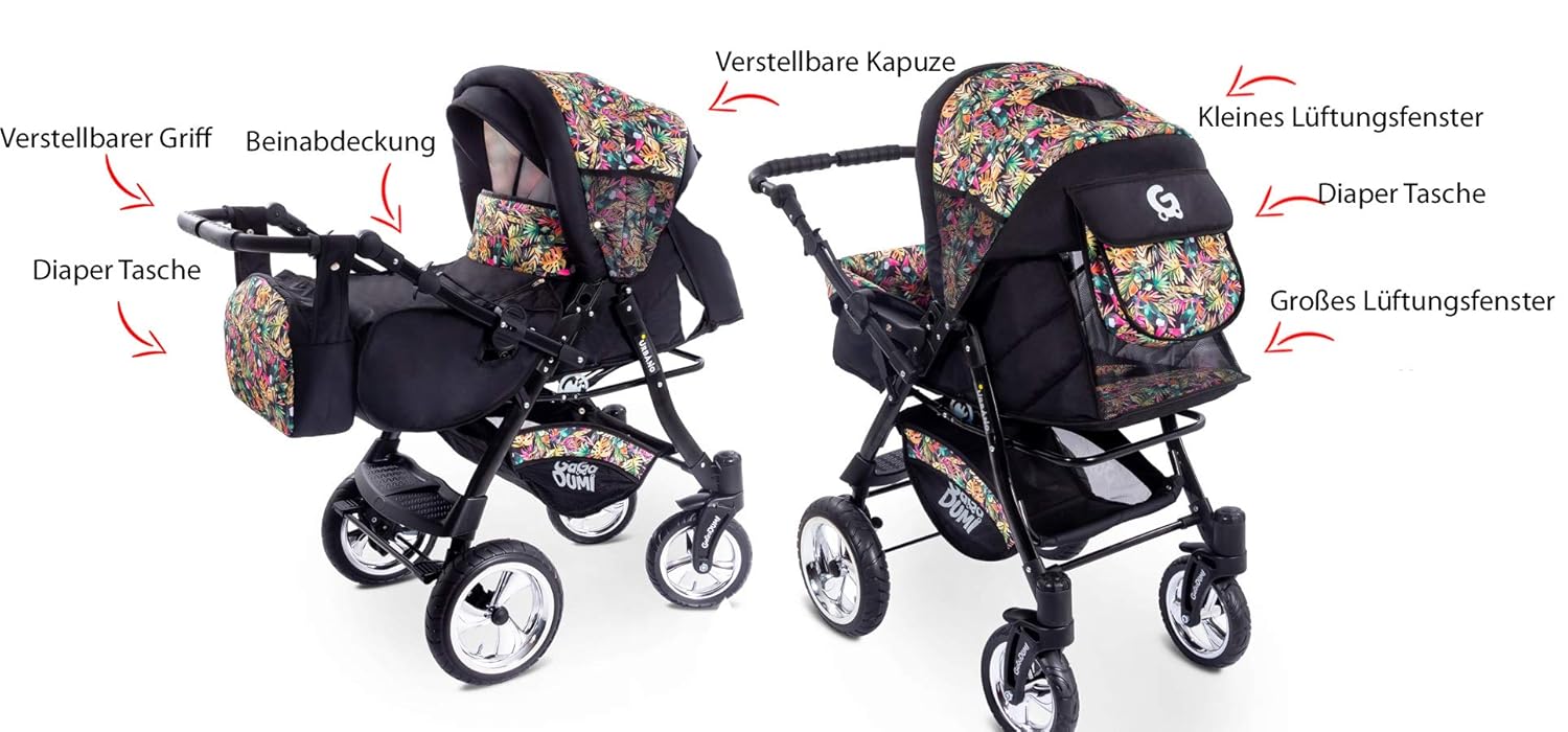GaGaDumi Urbano Passeggino Combi 3 in 1 con Seggiolino Auto, Set Completo con Navicella, Passeggino, Borsa Fasciatoio, Parapioggia, Zanzariera, Pneumatici in Gomma Piena, Grigio/Motivo Gufo