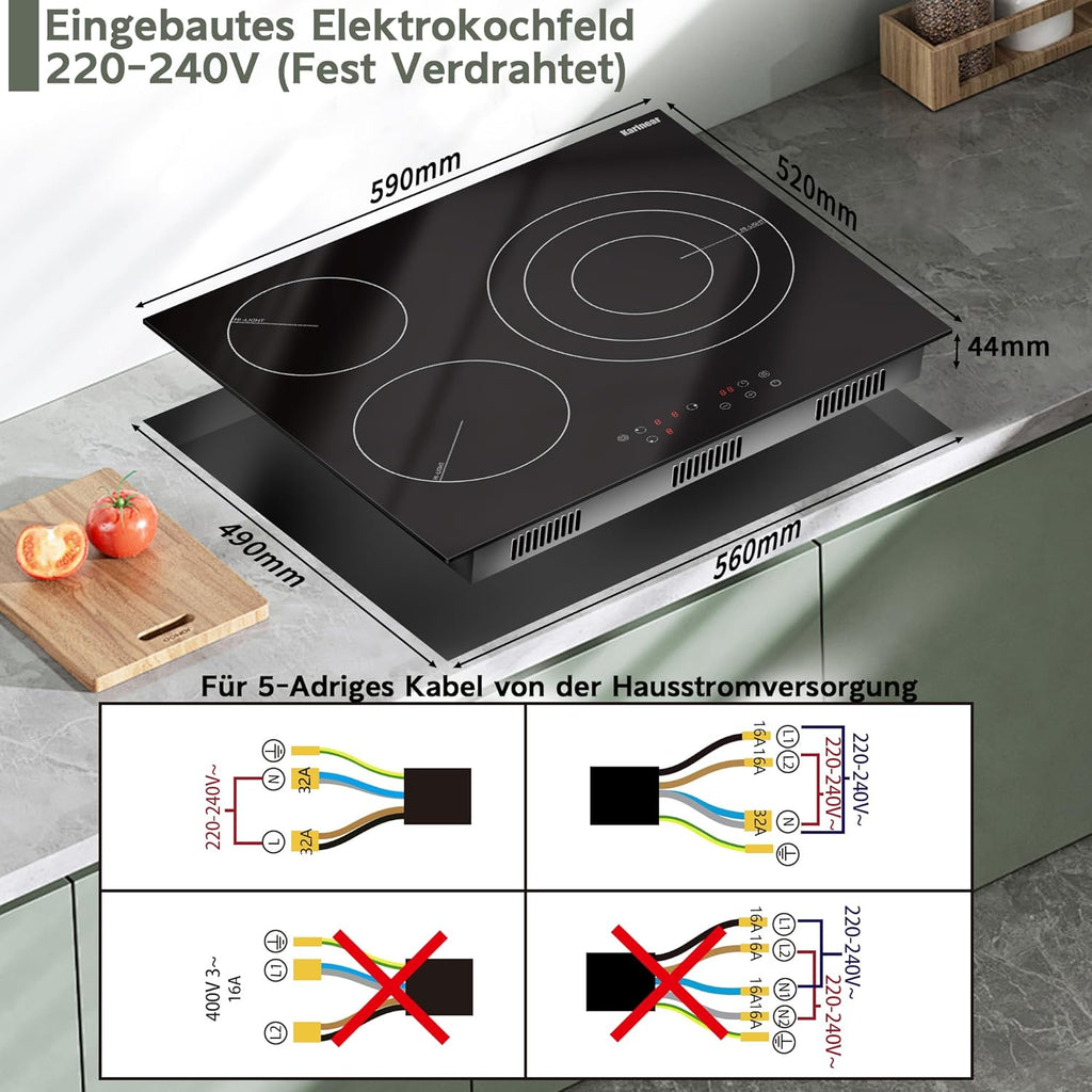 Karinear Einbau-Kochfeld aus Glaskeramik, 4 Kochfelder, mit doppelter ausziehbarer Zone, integrierter elektrischer Tisch mit Touch-Steuerung, Timer, Verriegelung für Kinder, 6600 W