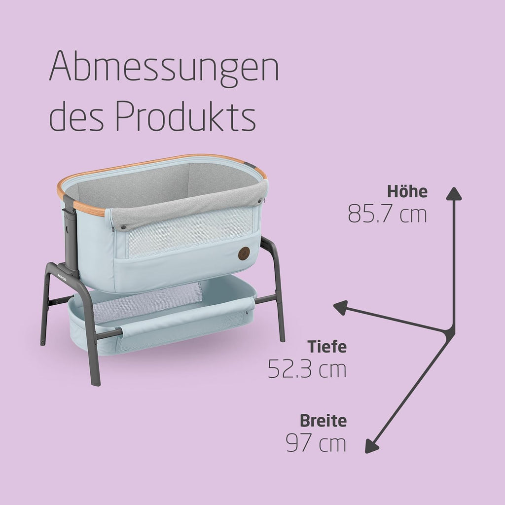 Maxi-Cosi Iora Beistellbett Baby, Faltbares Co-Sleeper, 0–6 Monate, max. 9 kg, 4 Neigungs- und 5 Höhenstufen, Leichtes Schieben, Bequeme Matratze, Großer Korb, Leicht zu Tragen, Essential Grey