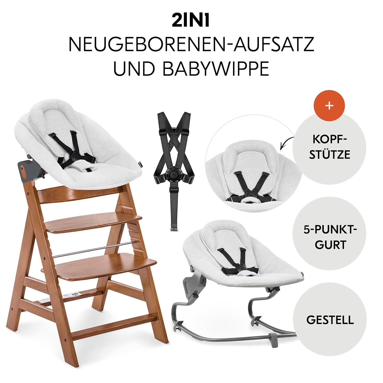 hauck Alpha Plus Newborn Set mit Premium Bouncer Dark Grey - Baby Holz Hochstuhl ab Geburt mit Liegefunktion - extra flacher Aufsatz für Neugeborene & Baumwoll Sitzpolster - Grau