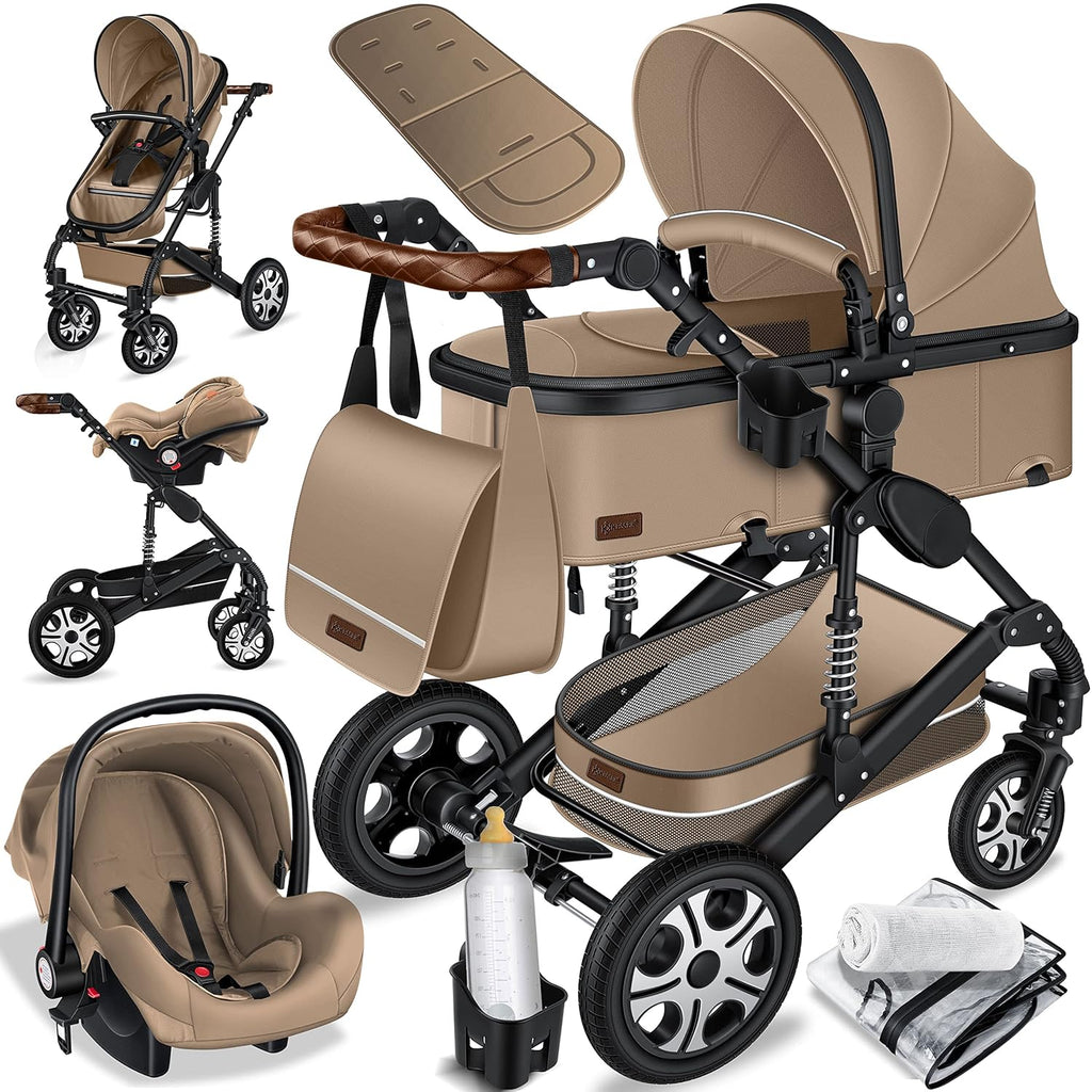 KESSER Passeggino trio Loops 3 in 1, set completo con navicella, seduta sportiva e seggiolino auto con pneumatici in gomma piena, borsa fasciatoio, parapioggia, tavolino, ECE R129, nero/champagne