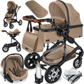 KESSER Passeggino trio Loops 3 in 1, set completo con navicella, seduta sportiva e seggiolino auto con pneumatici in gomma piena, borsa fasciatoio, parapioggia, tavolino, ECE R129, nero/champagne