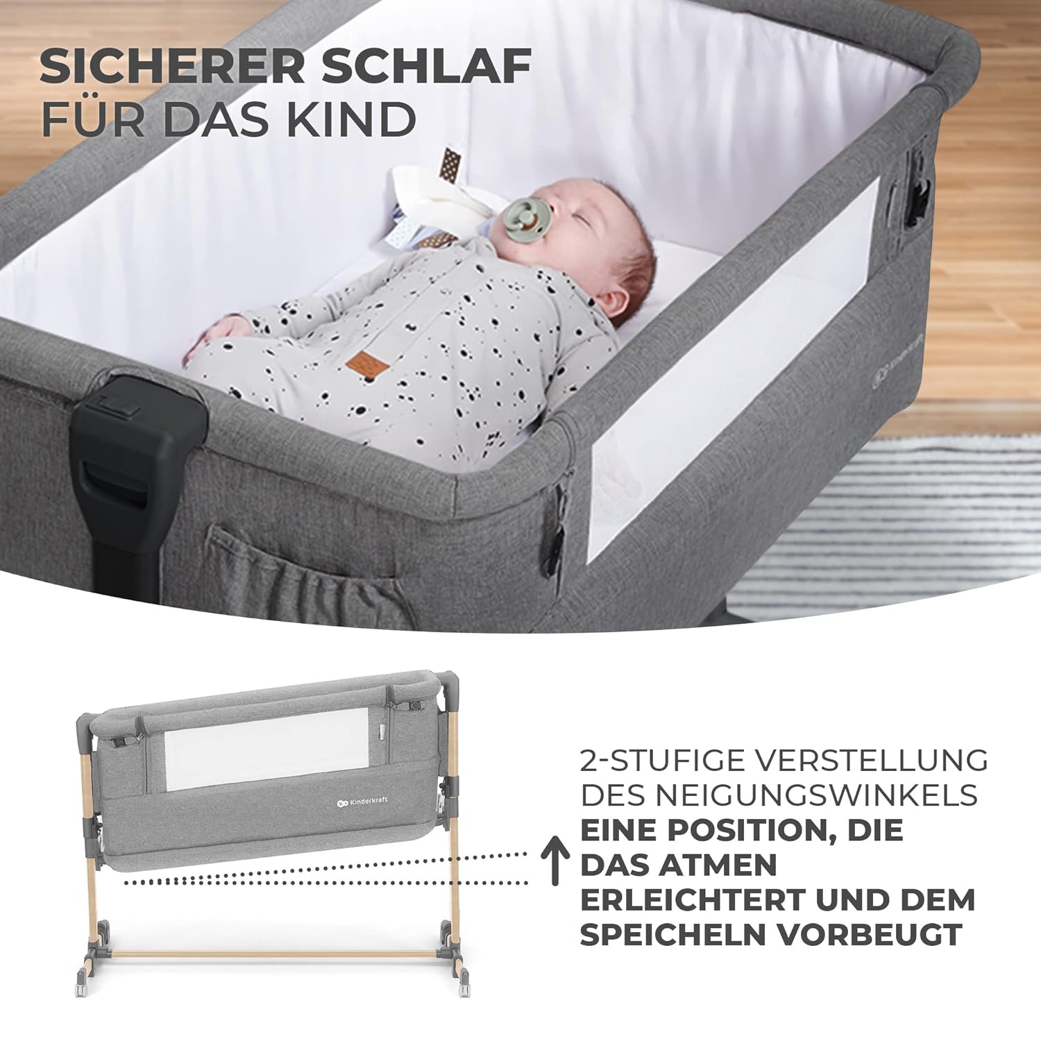Kinderkraft NESTE GROW Lettino 3 in 1, Lettino da affiancare, Lettino da neonato dalla nascita fino a 2 anni, con materasso, borsa per il trasporto, ruote, regolazione dell'altezza a 5 livelli, angolo del materasso regolabile, Beige